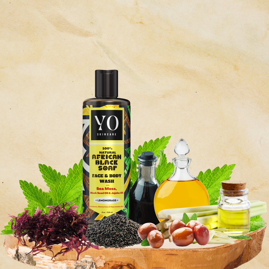4 PACK - African Black Soap with Sea Moss, Black Seed & Jojoba Oil, Face & Body Wash, Lemongrass, 32 oz