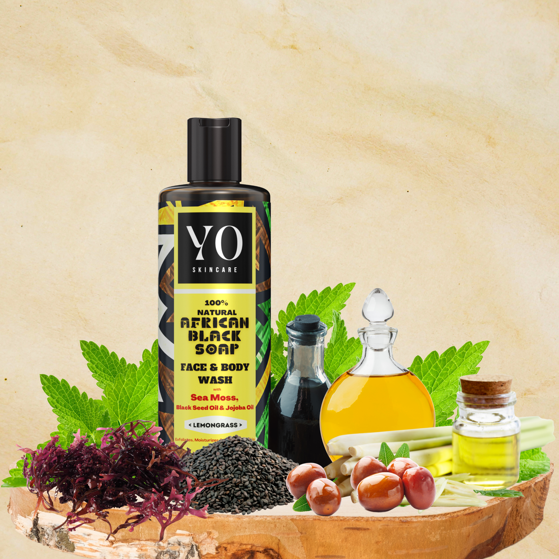 African Black Soap with Sea Moss, Black Seed & Jojoba Oil, Face & Body Wash, Lemongrass, 8 oz