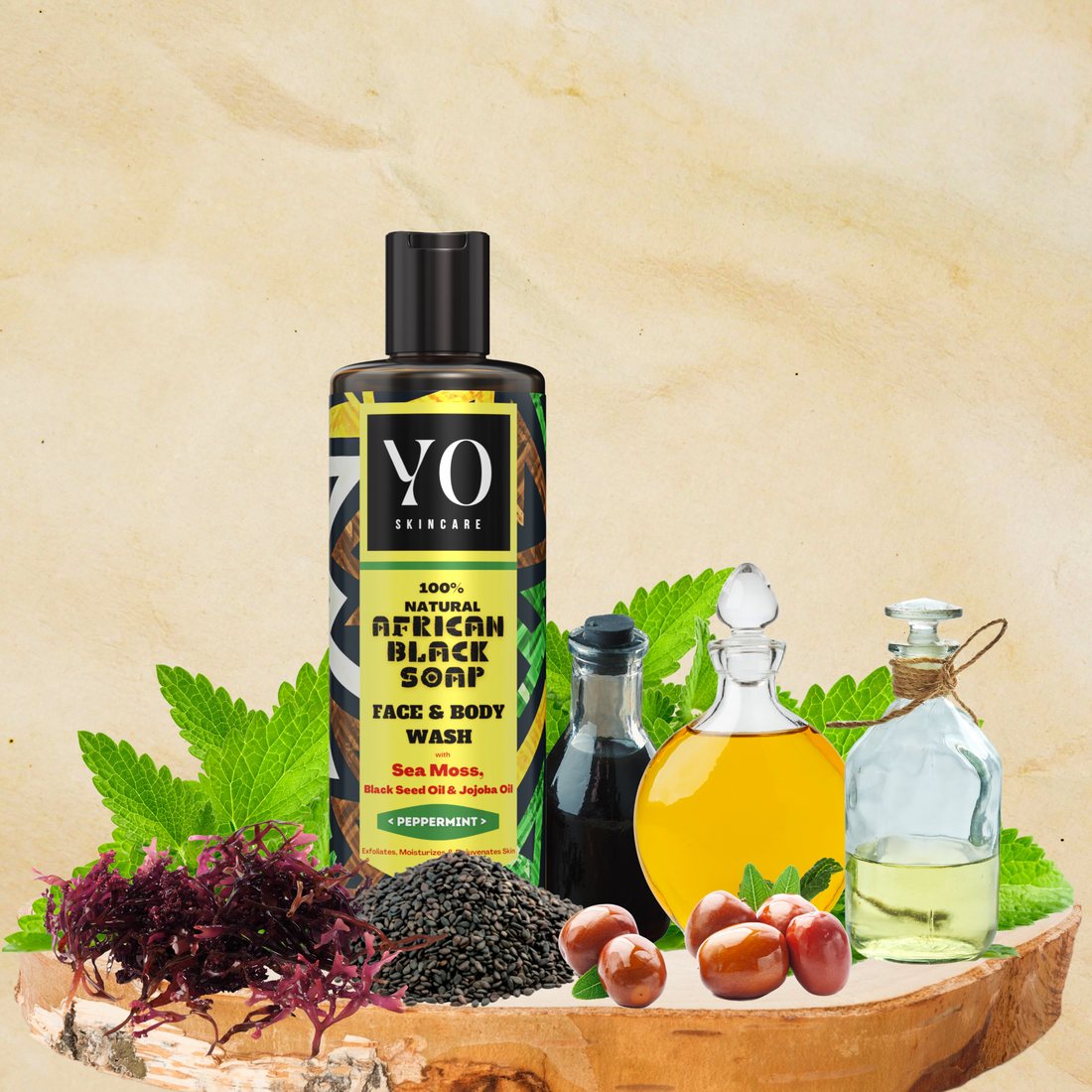 African Black Soap with Sea Moss, Black Seed & Jojoba Oil, Face & Body Wash, Peppermint, 8 oz
