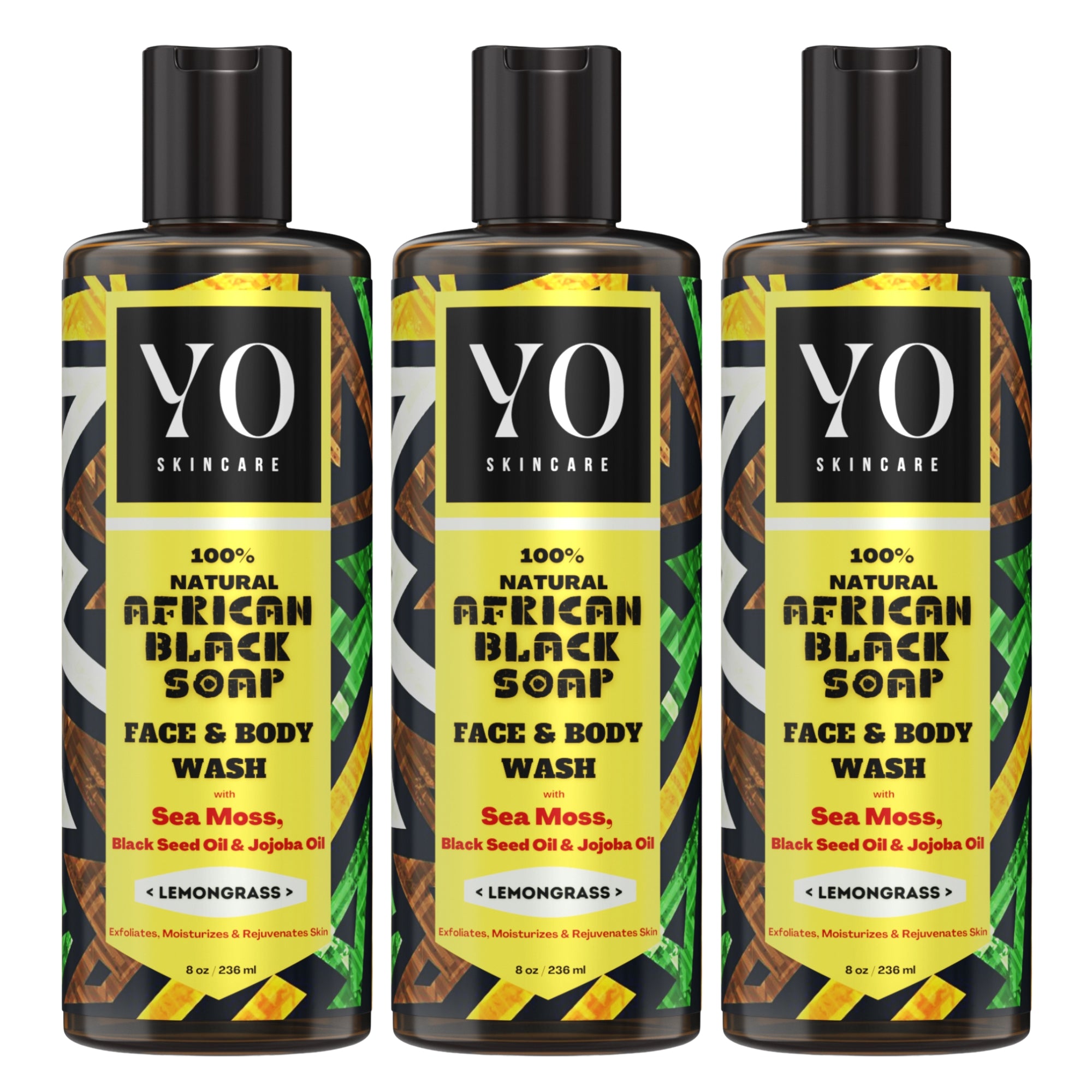 3 Pack - African Black Soap with Sea Moss, Black Seed & Jojoba Oil, Face & Body Wash, Lemongrass, 24 oz