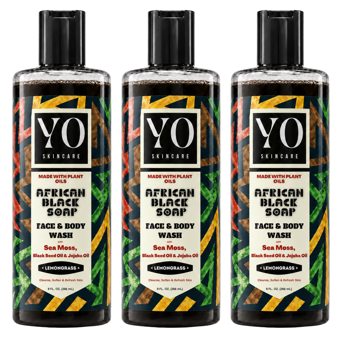 YO SKINCARE African Black Soap Face & Body Wash — Lemongrass, 3 x 9 fl oz