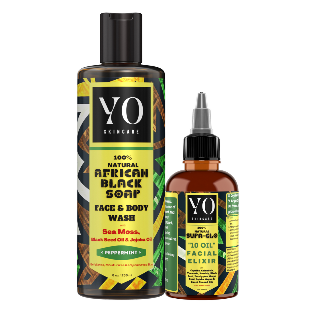 YO Combo Pack - African Black Soap With Sea Moss, Black Seed & Jojoba Oil With Supa Glo 10 Oil Facial Elixir