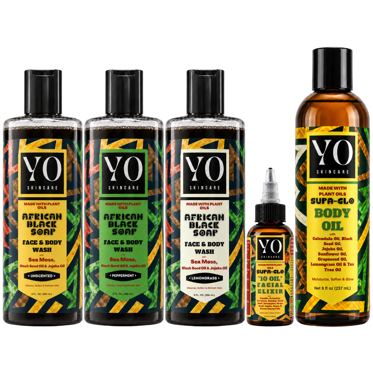 YO SKINCARE SUPA GLO routine collection — African Black Soap, Facial Elixir and Body Oil