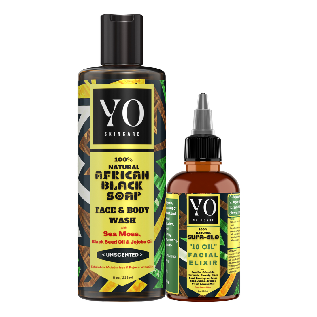 YO Combo Pack - African Black Soap With Sea Moss, Black Seed & Jojoba Oil With Supa Glo 10 Oil Facial Elixir