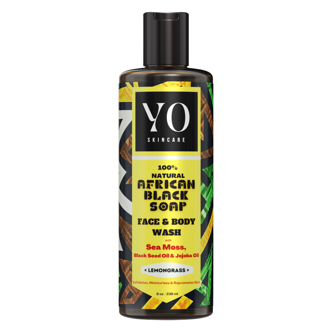 African Black Soap with Sea Moss, Black Seed & Jojoba Oil, Face & Body Wash, Lemongrass, 8 oz