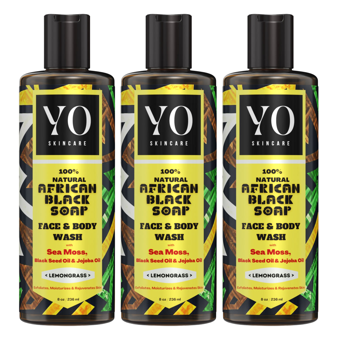 3 Pack - African Black Soap with Sea Moss, Black Seed &amp; Jojoba Oil, Face &amp; Body Wash, Lemongrass, 24 oz