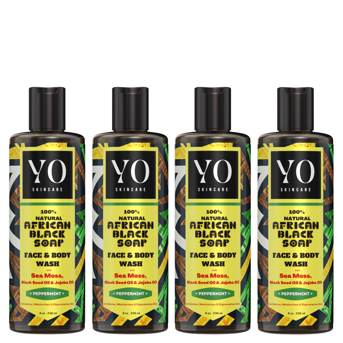 4 PACK - African Black Soap with Sea Moss, Black Seed & Jojoba Oil, Face & Body Wash, Peppermint, 32 oz