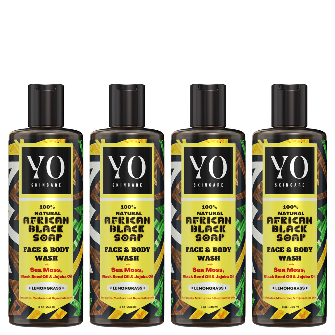 4 PACK - African Black Soap with Sea Moss, Black Seed & Jojoba Oil, Face & Body Wash, Lemongrass, 32 oz