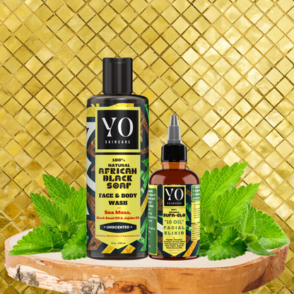 YO Combo Pack - African Black Soap With Sea Moss, Black Seed &amp; Jojoba Oil With Supa Glo 10 Oil Facial Elixir
