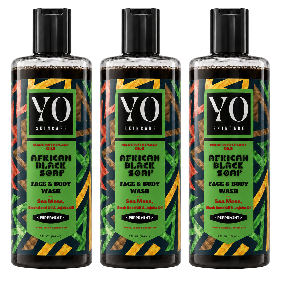 YO SKINCARE African Black Soap Face &amp; Body Wash — Peppermint, 3 x 9 fl oz
