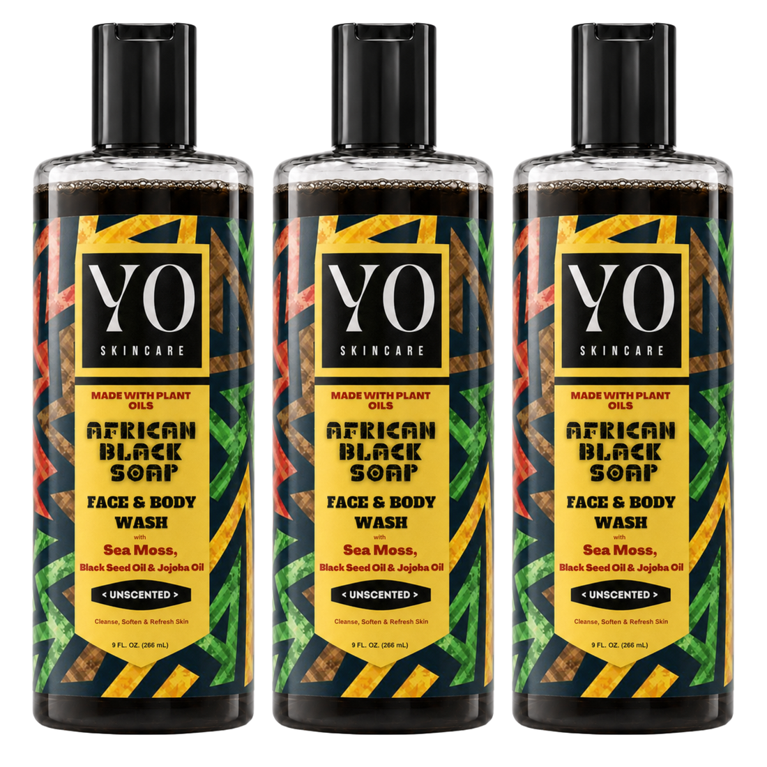 YO SKINCARE African Black Soap Face &amp; Body Wash — Unscented, 3 x 9 fl oz