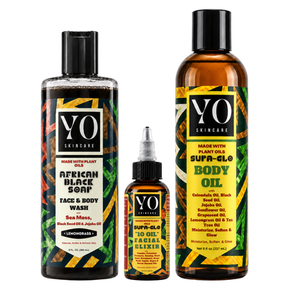 YO SKINCARE Lemongrass African Black Soap, SUPA GLO Facial Elixir and Body Oil complete routine set