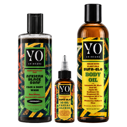 YO SKINCARE Peppermint African Black Soap, SUPA GLO Facial Elixir and Body Oil complete routine set