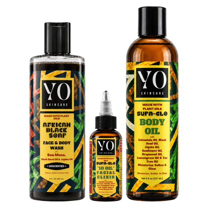 YO SKINCARE Unscented African Black Soap, SUPA GLO Facial Elixir and Body Oil complete routine set
