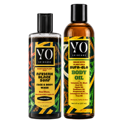YO SKINCARE Unscented African Black Soap and SUPA GLO Body Oil Set