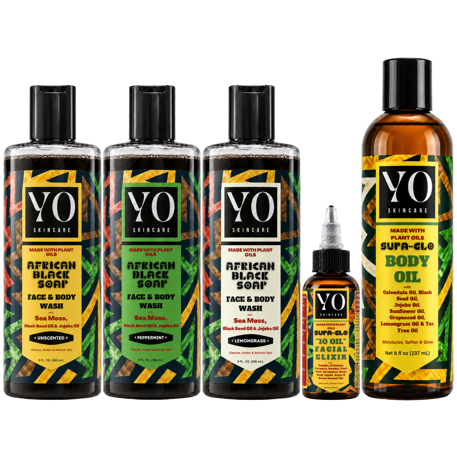 YO SKINCARE complete botanical face and body product family: African Black Soap, SUPA-GLO Facial Elixir, and SUPA-GLO Body Oil