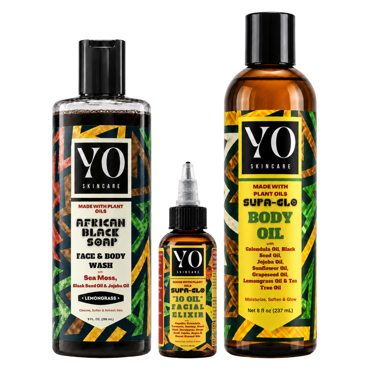 YO SKINCARE Complete Routine with Lemongrass African Black Soap, Facial Elixir and Body Oil