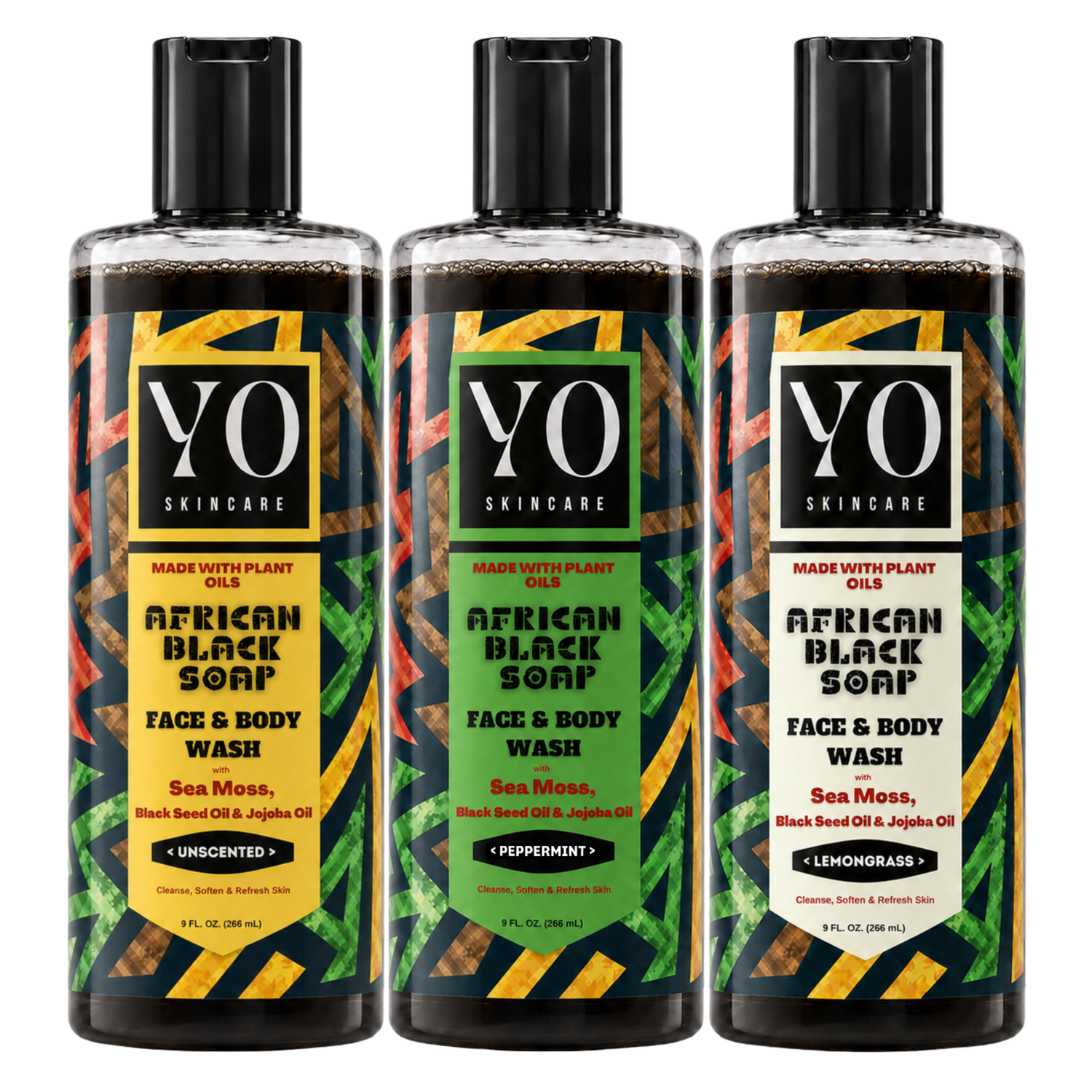 YO SKINCARE African Black Soap Variety Pack — Unscented, Peppermint and Lemongrass