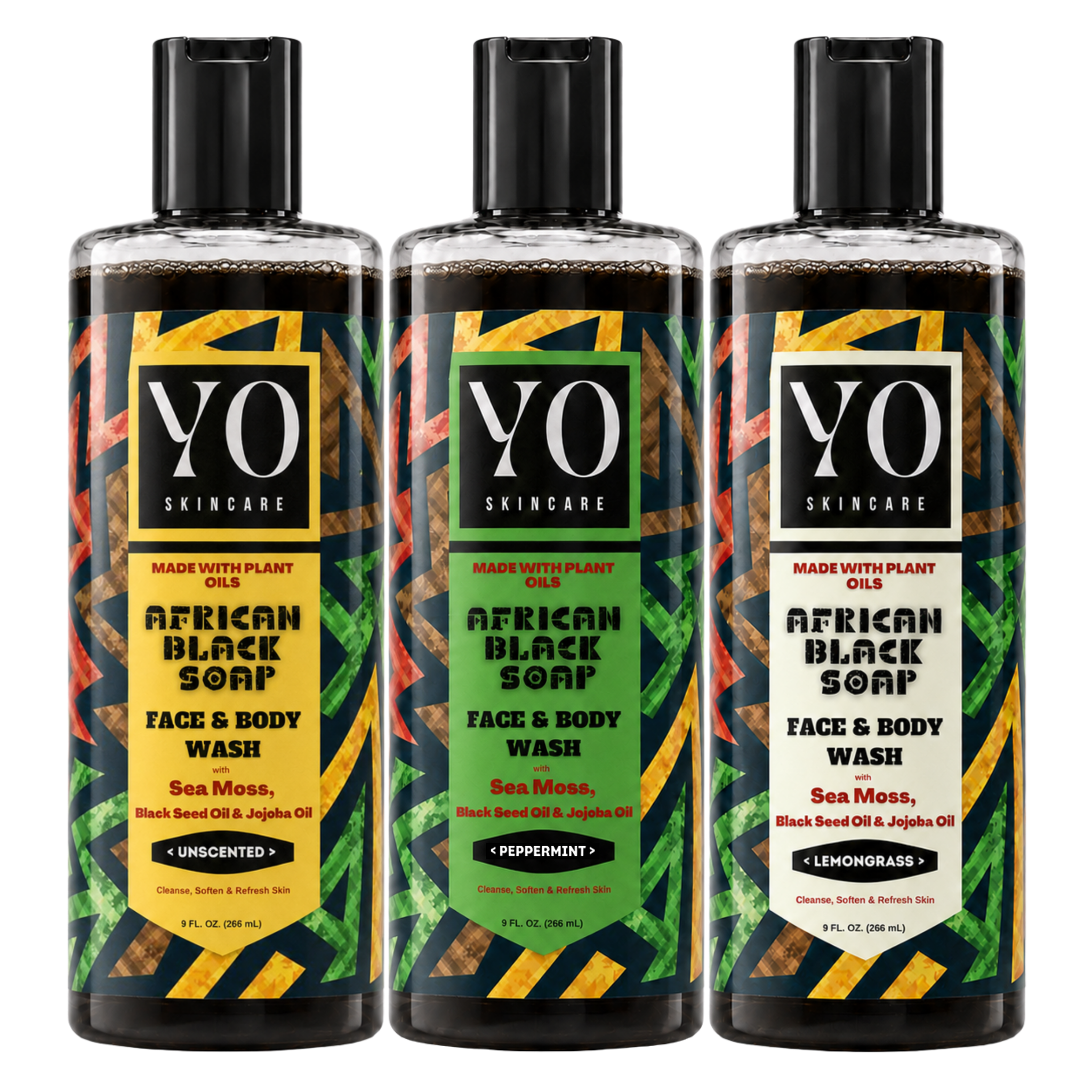 YO SKINCARE African Black Soap Variety Pack — Unscented, Peppermint and Lemongrass