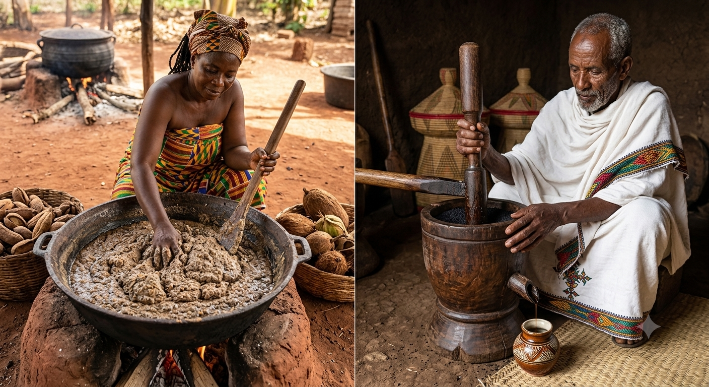 Representative sourcing story showing African Black Soap heritage in Ghana and Black Seed Oil sourcing in Ethiopia